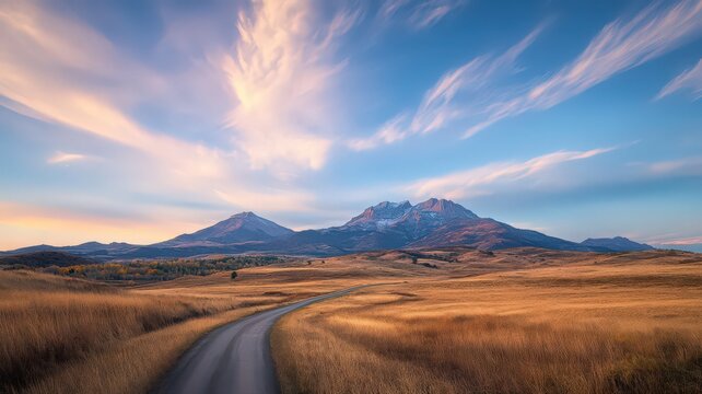 Vast Autumn Landscape with Winding Road and Mountain Range at Sunset - Powered by Adobe