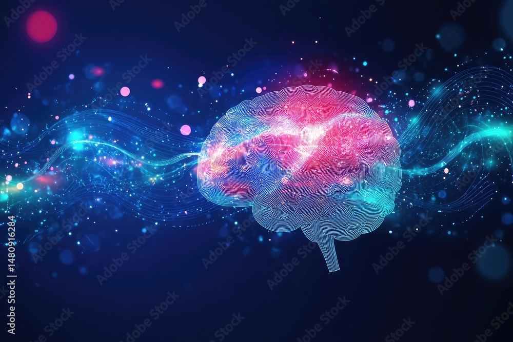 Poster a vibrant. digital representation of a brain illuminated with colorful connections. set against a da
