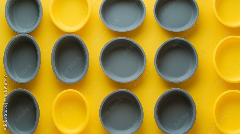 Poster overhead shot of yellow and gray silicone molds arranged in a pattern on a yellow background.