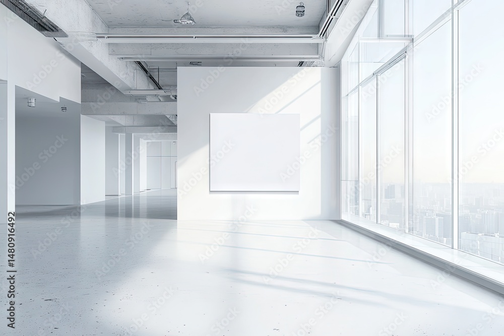 Poster a minimalist art gallery featuring a large blank canvas on a white wall. illuminated by natural ligh