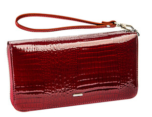 A red wallet with a brown strap