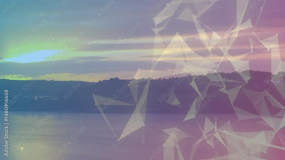 Aufkleber lakeside vista blending dusk reflections and triangular mesh overlay, showing glowing network nodes
