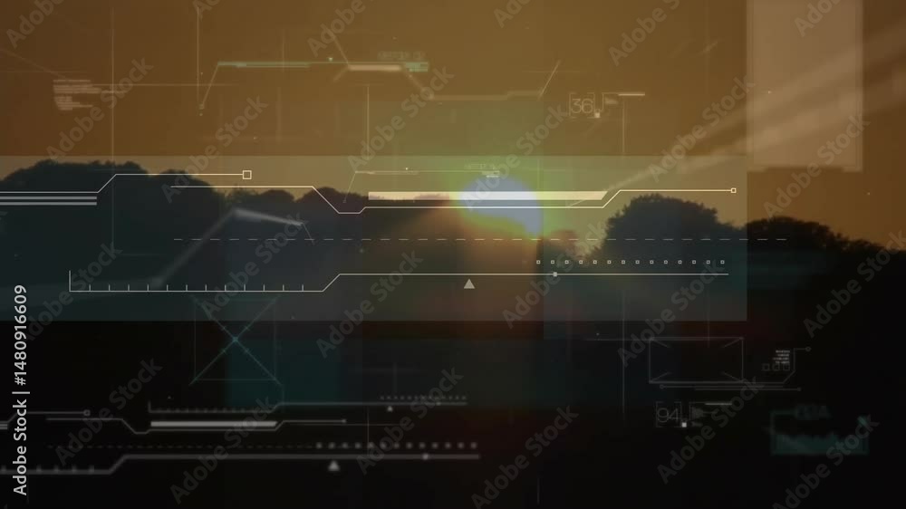 Poster sun disk peeking above treetops, displaying hud line graphs and dot matrices across sunset sky