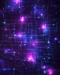 Naklejka premium Abstract digital artwork featuring glowing purple and blue lines forming a complex network pattern on a dark background, with bright nodes of light