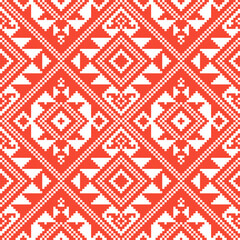 Repeating seamless pattern with slavic symbols thunder, moon and sun. Flat style in red and white traditional colors.