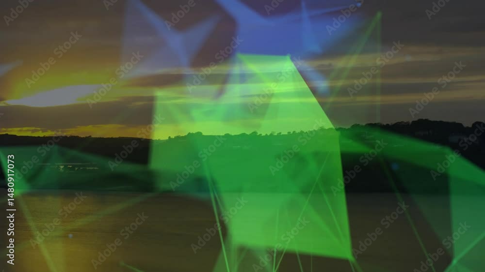 Poster network of green glowing triangles floating over lake sunset featuring translucent connecting lines