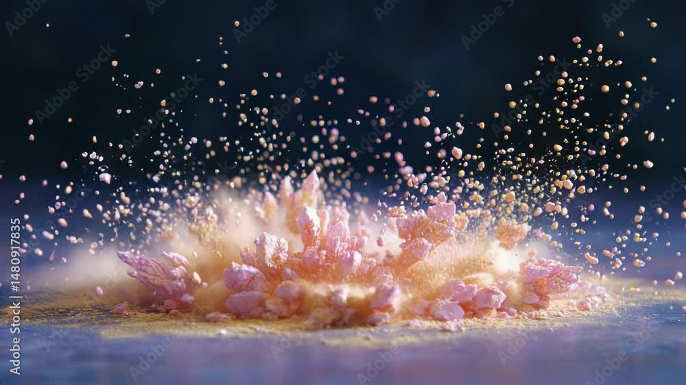Poster colorful powder explosion creating dynamic cloud of particles against dark background