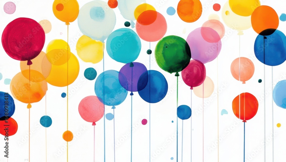 Poster vibrant and colorful balloons floating against a white background, creating an atmosphere of joy for
