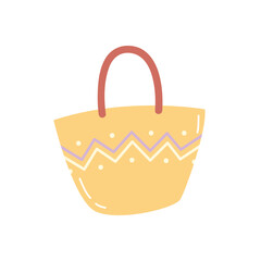 Vector illustration of a cute straw beach bag with zigzag pattern. Perfect for summer, vacation, or fashion design. Isolated on white background.