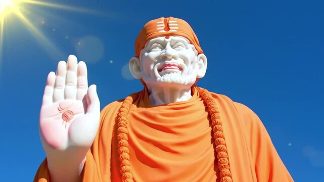 Statue of Indian Saint Shirdi Sai Baba Under the Bright Blue Sky and Sunlight