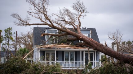 A stunning image of fallen tree on house roof after hurricane. property insurance.