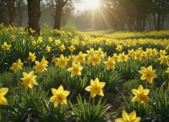 Obraz premium Sunlit daffodils burst forth in vibrant yellow against a lush green field , plant, pretty