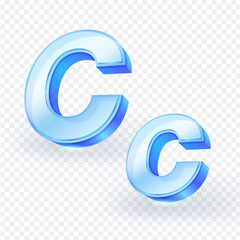 3D font uppercase and lowercase English letters “C” made of transparent glass material isolated on white background. Vector illustration.