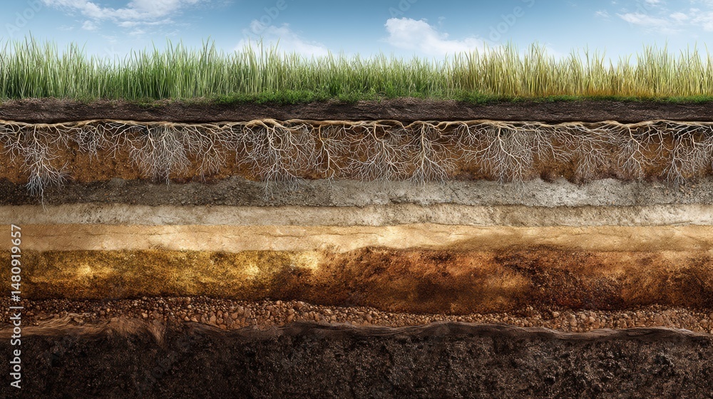 Poster a stunning image of cross section of soil layers showcasing grass roots and varying soil types to il