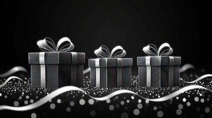Three elegant black gifts with silver ribbons sit on a shimmering surface