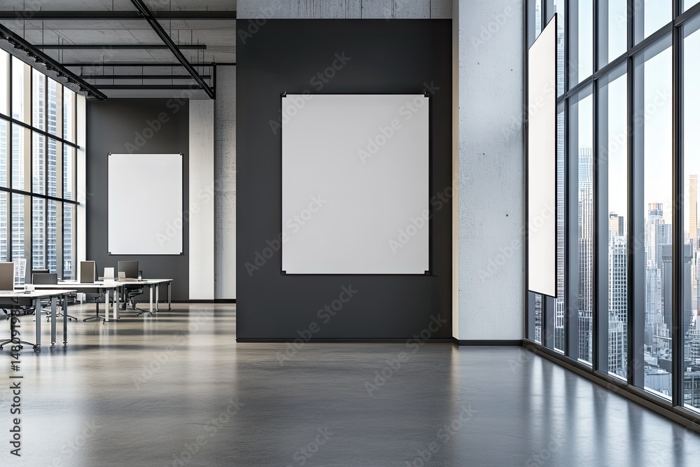 Poster modern office interior featuring large windows with city views. minimalist design. and an empty fram