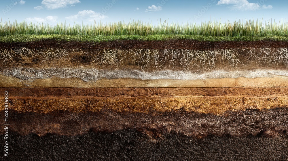 Poster a stunning image of cross section of soil layers showcasing grass roots and varying soil types to il