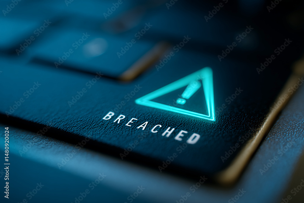 Poster close-up of dark textured surface with glowing teal triangle and word 