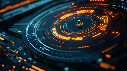 Abstract Futuristic Technology Interface with Glowing Orange and Blue Circles