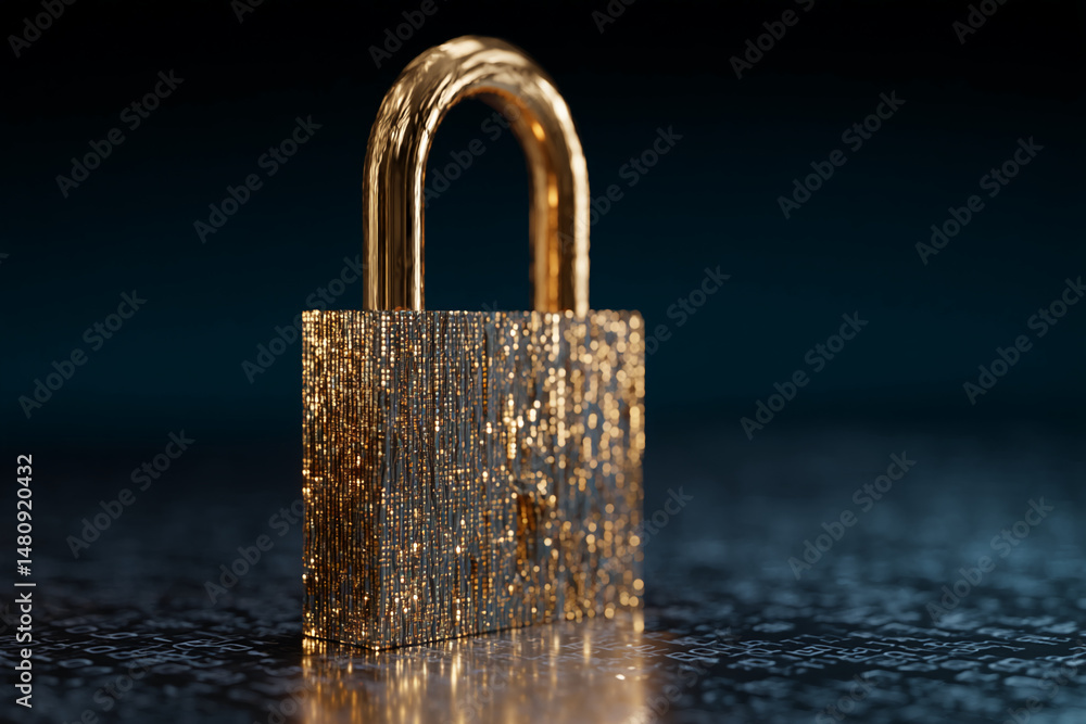 Poster golden padlock on dark background with subtle code reflection, symbolizing digital security and data
