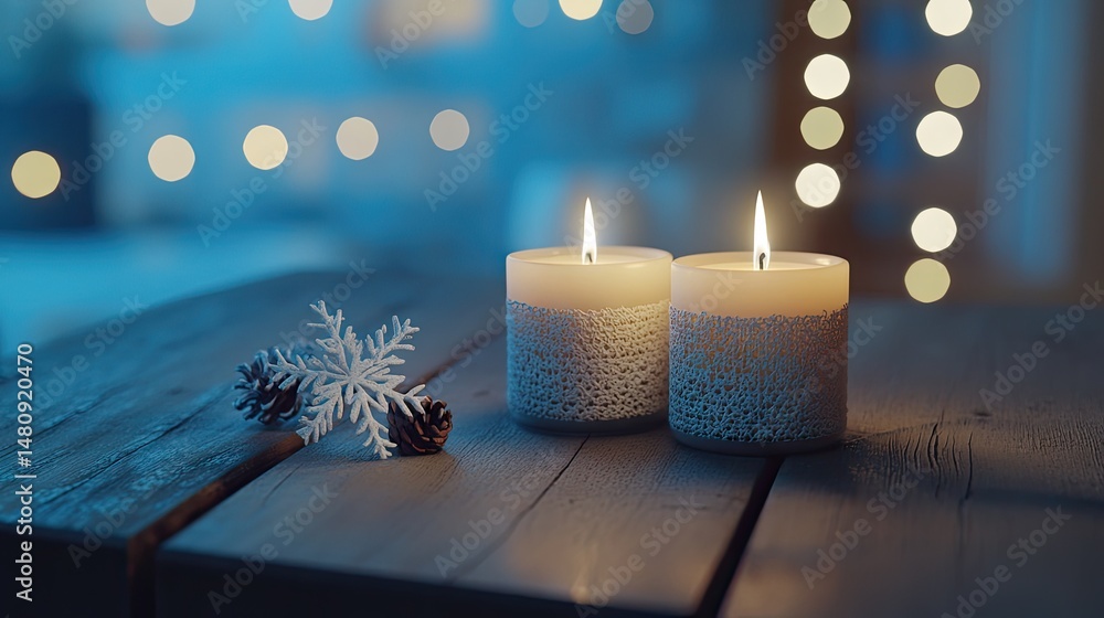 Poster two lit candles on a rustic wooden table. surrounded by a wintery atmosphere with soft bokeh lights 