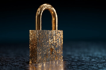 Golden padlock on dark background with subtle code reflection, symbolizing digital security and data protection