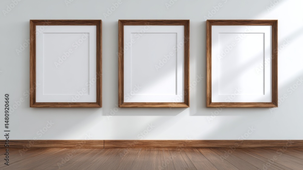 Poster a stunning image of three frames on wall mockup blank poster. wooden frames mock up empty print back