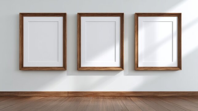 A stunning image of three frames on wall mockup blank poster. Wooden frames mock up empty print background. Wood picture frames in room. Gallery design realistic modern interior.