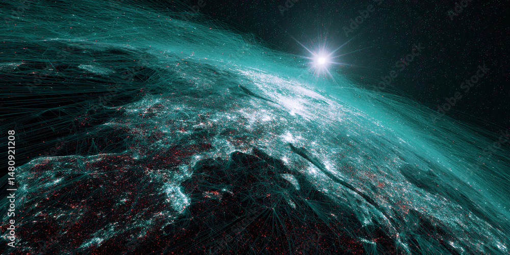 Poster teal and red abstract depiction of earth from space, showcasing global network connections, symboliz