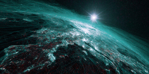 Teal and red abstract depiction of Earth from space, showcasing global network connections, symbolizing global communication and interconnectedness