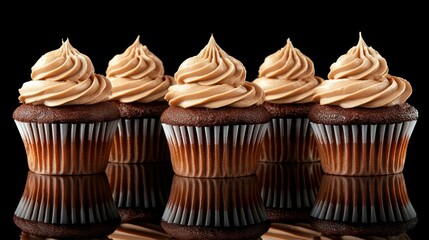 Chocolate cupcakes with light brown buttercream frosting