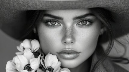 Monochrome beauty portrait with flowers