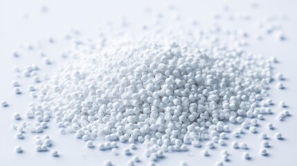 Obraz premium Ultra quality image of white Plastic Pellets on White Background, Thermoplastic Raw Polymer Granules for Injection Molding, Polypropylene, PVC, HDPE, Industrial Chemistry Material.