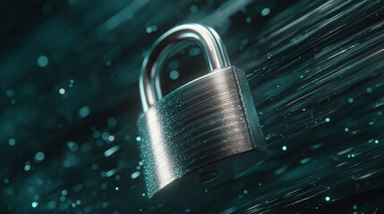 Close-up of metallic padlock against teal fiber optic background, symbolizing digital security, data protection, and online safety