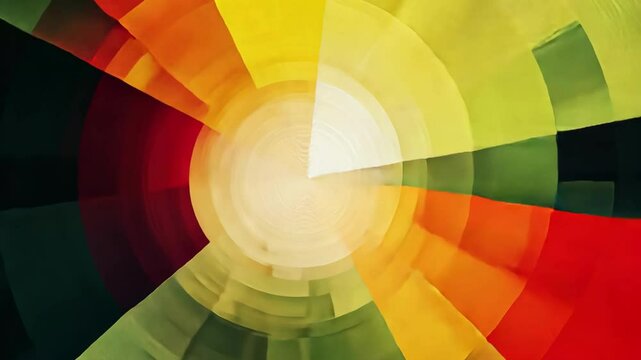 abstract circular painting with red yellow and green quadrants and gradient color wash