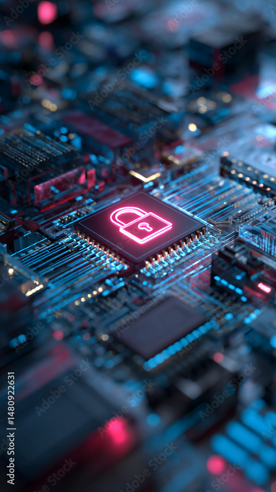 Poster close-up of circuit board with glowing pink padlock, illustrating digital security and data protecti