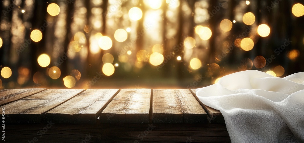 Poster a rustic wooden table adorned with a soft blanket. set against a blurred background of sparkling lig