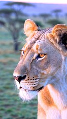 Powerful lioness scanning savanna landscape, golden eyes gleaming under sunset light, embodying wild African predator's majestic presence in natural environment