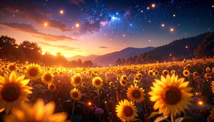 _A field of sunflowers under a twilight sky where stars begin to shine, petals glowing