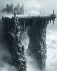 A majestic castle, perched atop a cliff, spans a dramatic bridge over a misty expanse