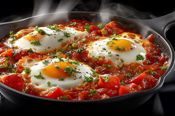 Skillet fizzes as eggs poach in bubbling tomato pepper sauce. Rich colors and steam create inviting warmth. Concept of culinary arts, food photography, restaurant marketing