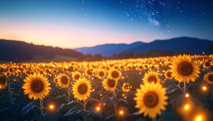 _A field of sunflowers under a twilight sky where stars begin to shine, petals glowing
