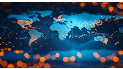 3d digital world map highlighting financial data and market indexes for global insights