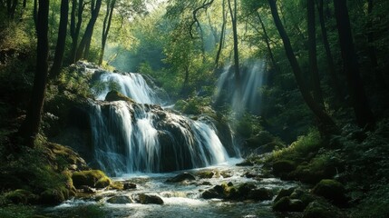 Obraz premium Lush Waterfall Cascading into a Clear Pool Surrounded by Vibrant Greenery – Serene Natural Landscape, Tropical Paradise.