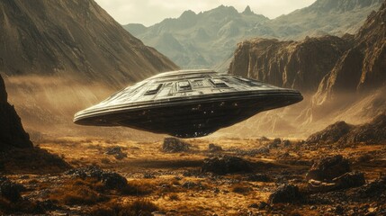 Obraz premium Alien craft hovers above desolate, rocky landscape.