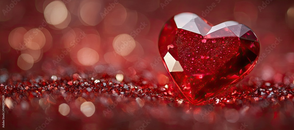 Poster a close-up of three sparkling red hearts placed on a shimmering red background. creating a romantic 
