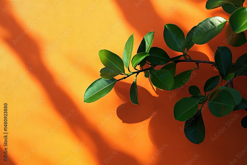 Aufkleber a vibrant orange wall serves as a backdrop for the delicate shadows of a leafy branch. creating an a