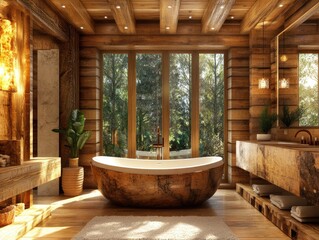 A serene wooden cabin bathroom featuring a freestanding bathtub. surrounded by lush greenery and natural light streaming through large windows. creating a peaceful retreat atmosphere
