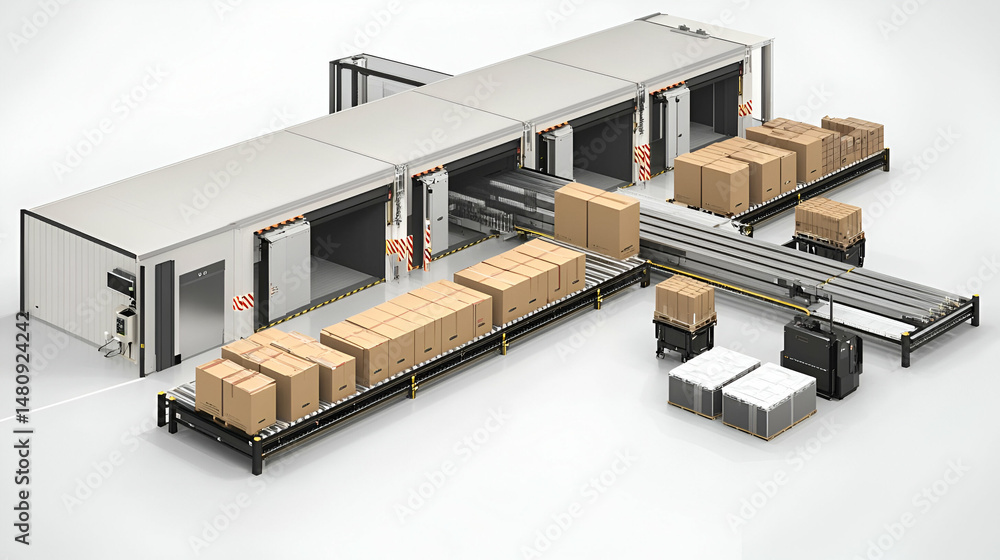 Poster automated warehouse system with conveyor belts and robotics