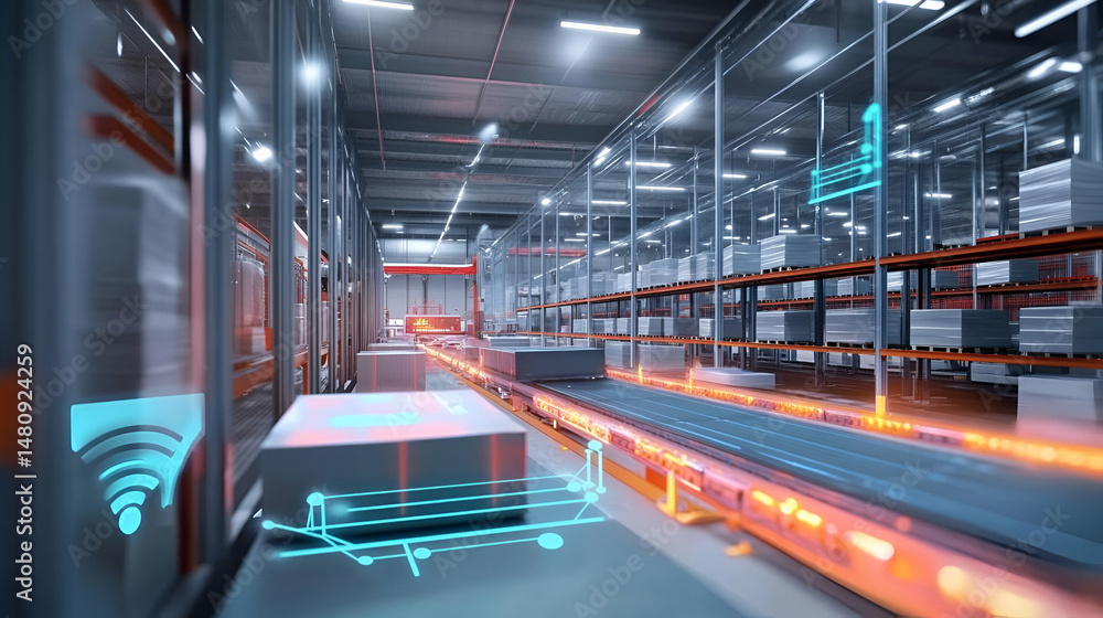 Poster automated warehouse with conveyor belt system and digital interface
